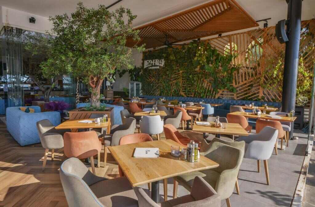 Riva Restaurant terrace with olive tree and green wall